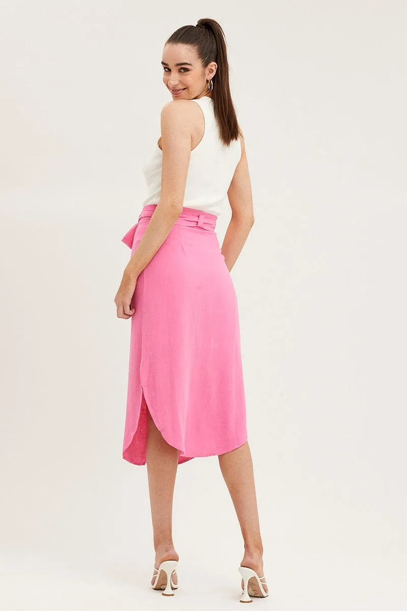 Pink Linen Blend Curved Hem Midi Skirt