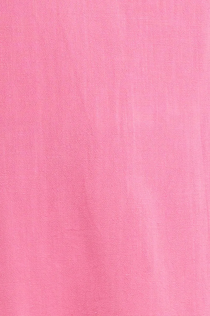 Pink Linen Blend Curved Hem Midi Skirt