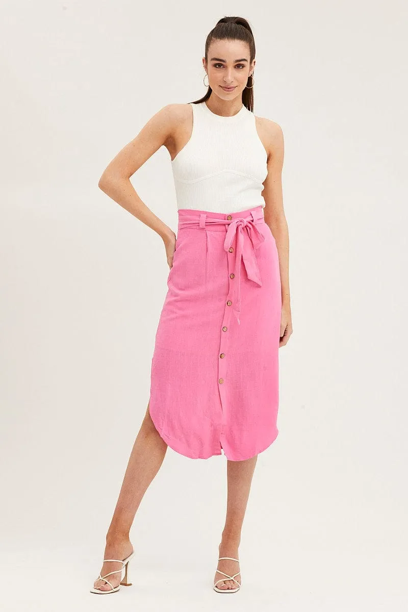 Pink Linen Blend Curved Hem Midi Skirt