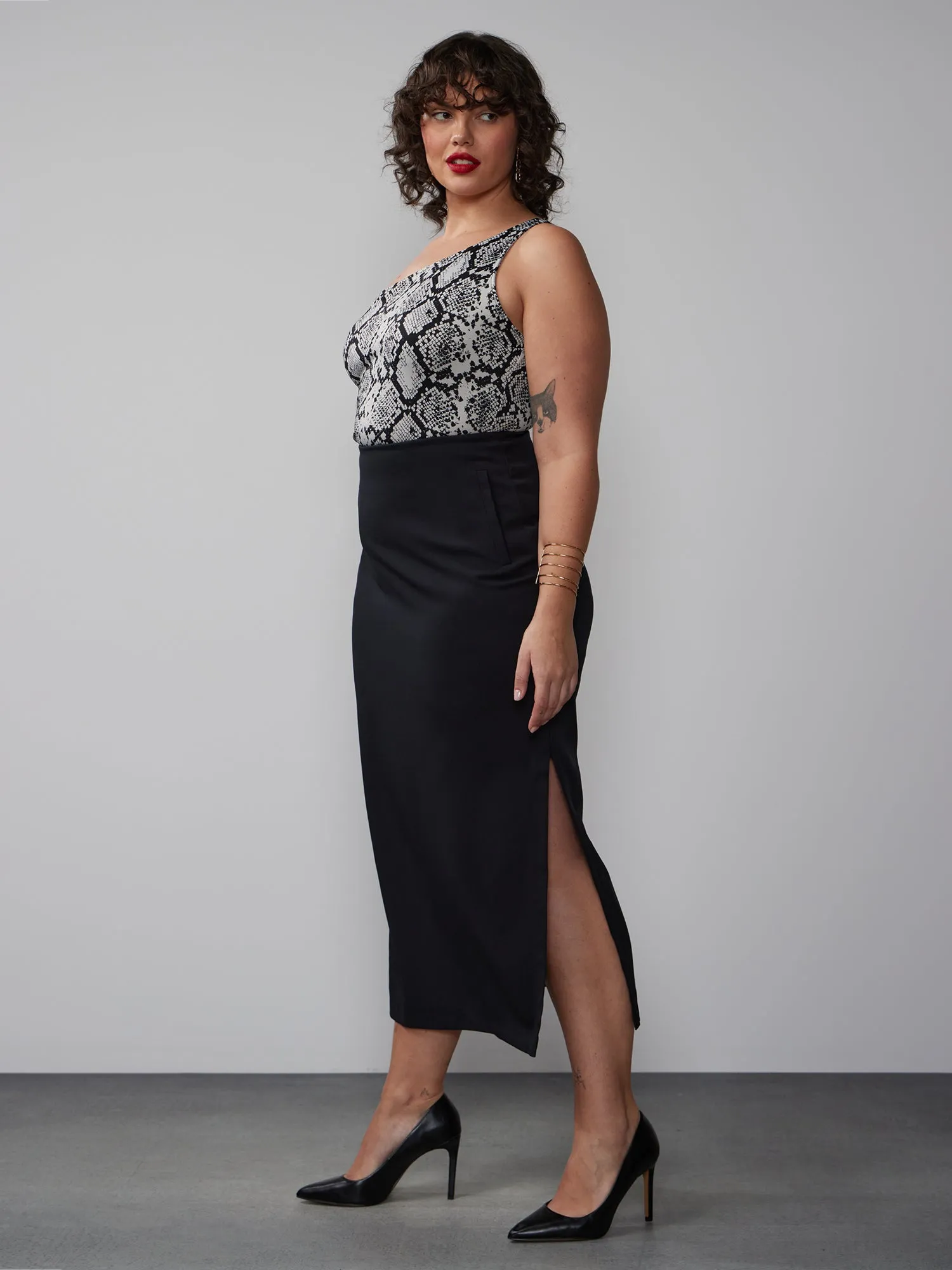 Plus High Rise Side Slit Midi Skirt