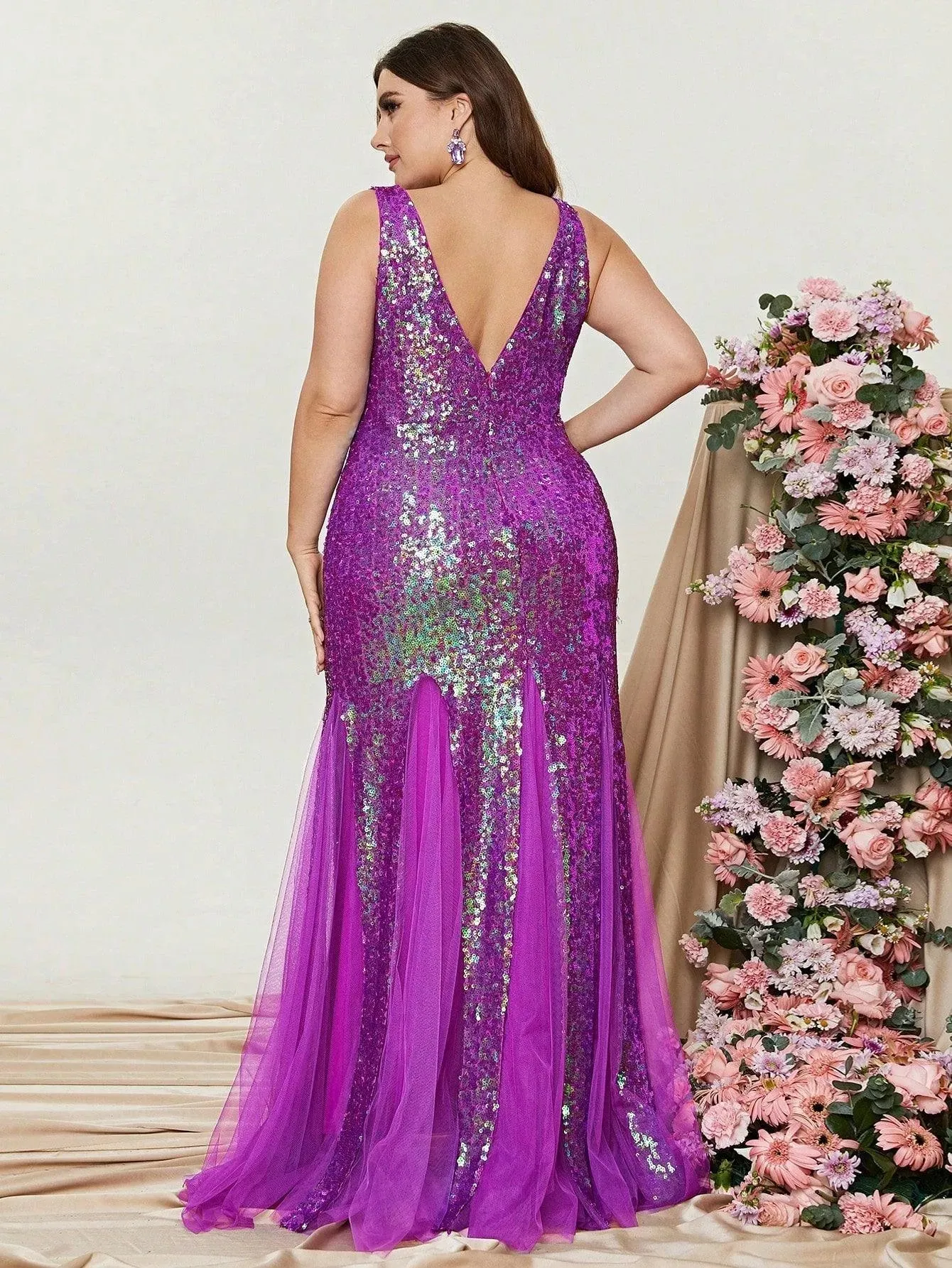 Plus Surplice Neck Sleeveless Mesh Insert Sequin Dress