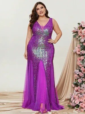 Plus Surplice Neck Sleeveless Mesh Insert Sequin Dress