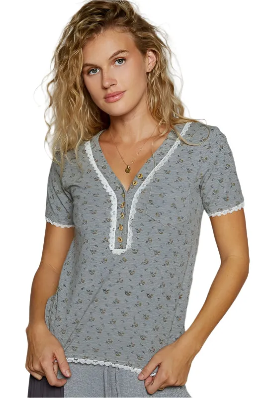 POL Lace Detail Floral V-Neck Button Detail Short Sleeve T-Shirt