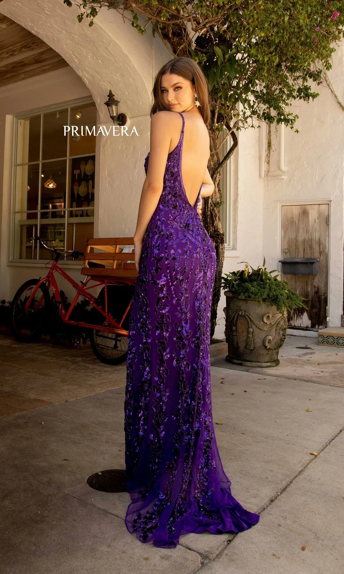 Primavera Deep V-Back Long Sequin Prom Dress 3913