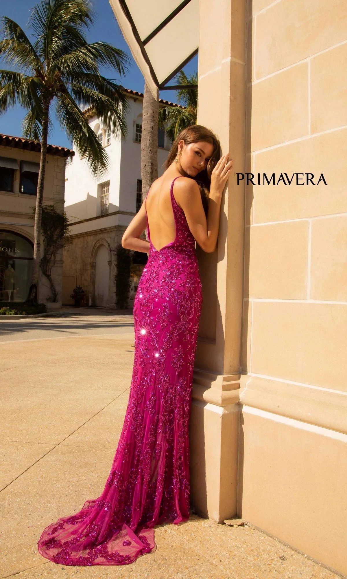 Primavera Deep V-Back Long Sequin Prom Dress 3913