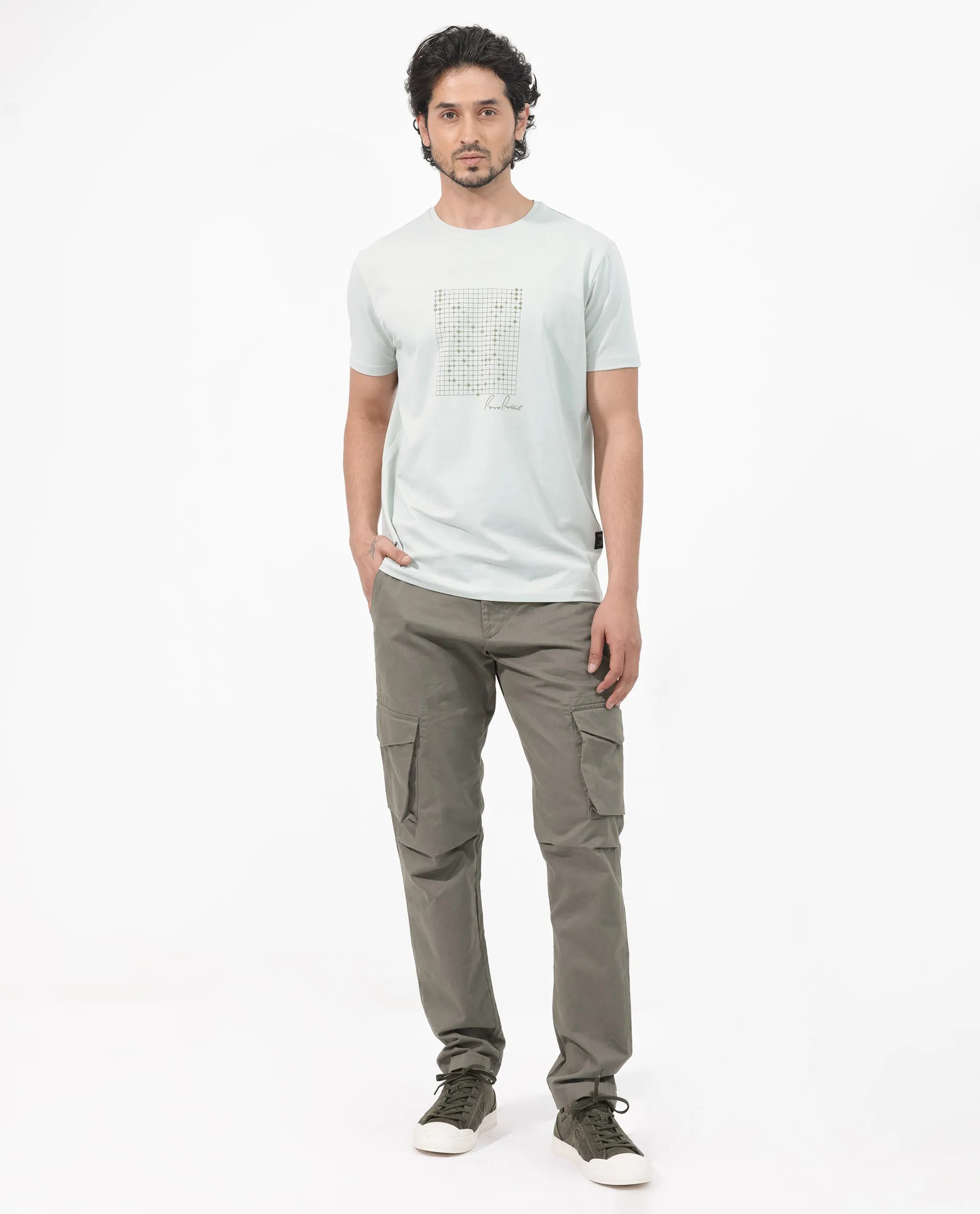 Rare Rabbit Articale Mens Alder Pastel Green Cotton Polyester Fabric Short Sleeve Crew Neck Slim Fit Printed T-Shirt