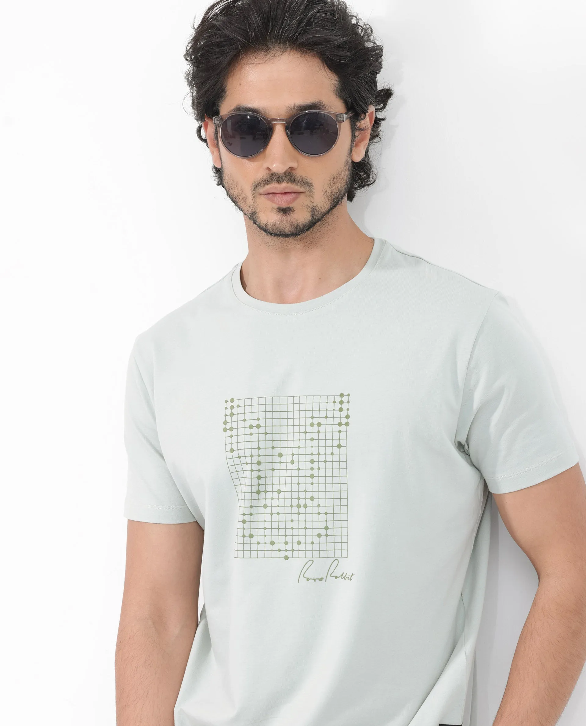 Rare Rabbit Articale Mens Alder Pastel Green Cotton Polyester Fabric Short Sleeve Crew Neck Slim Fit Printed T-Shirt