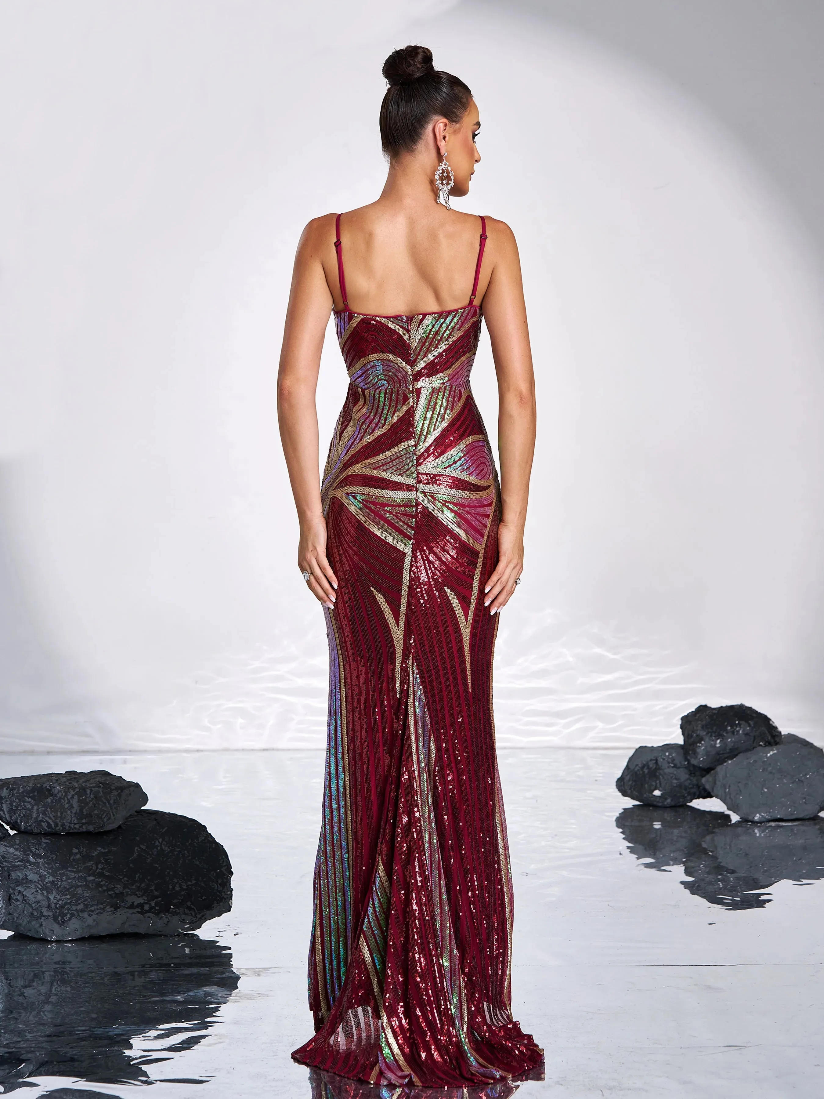 Spaghetti Strap V Neck Sequin Mermaid Gown Formal Maxi Dress