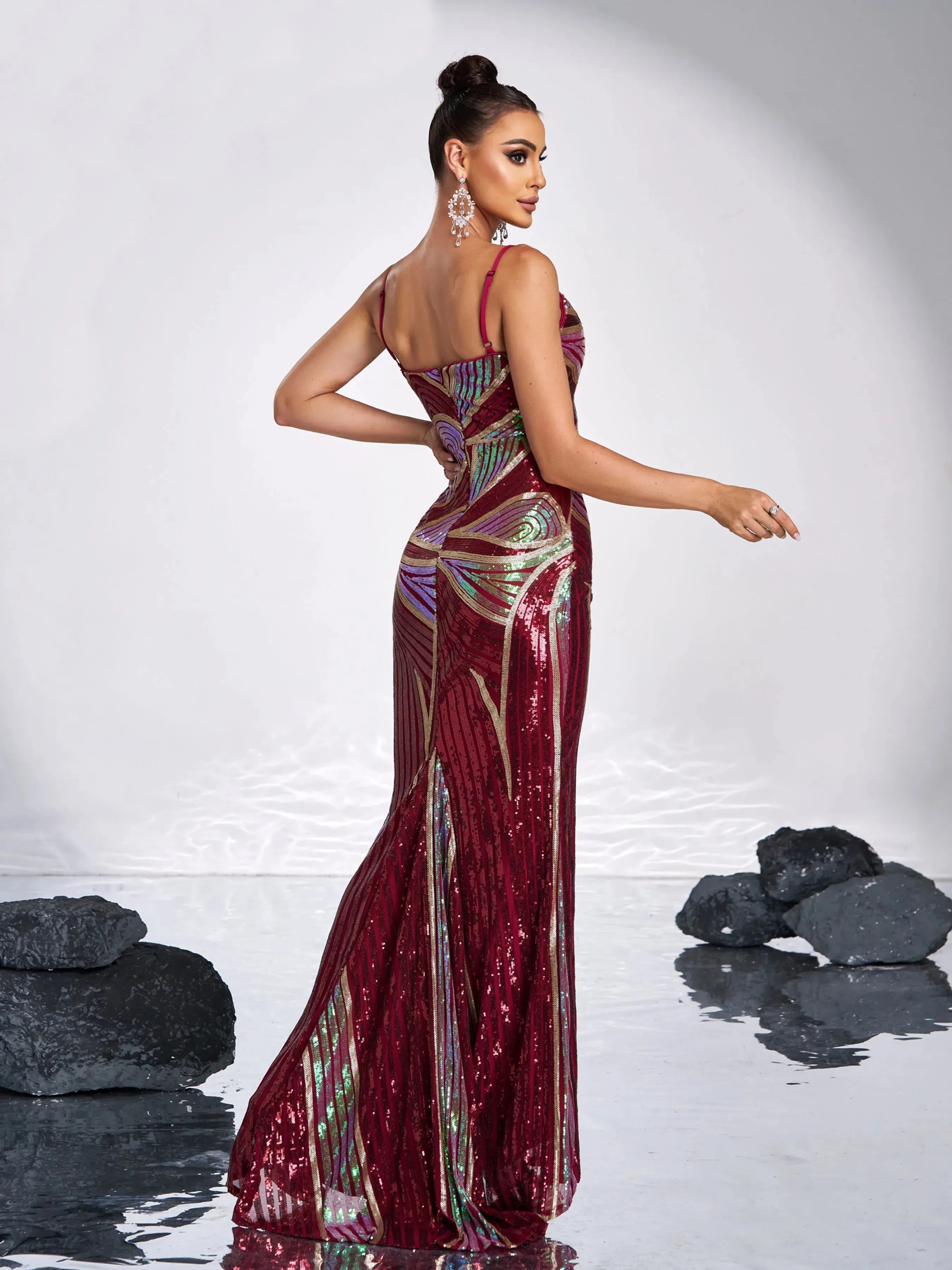 Spaghetti Strap V Neck Sequin Mermaid Gown Formal Maxi Dress