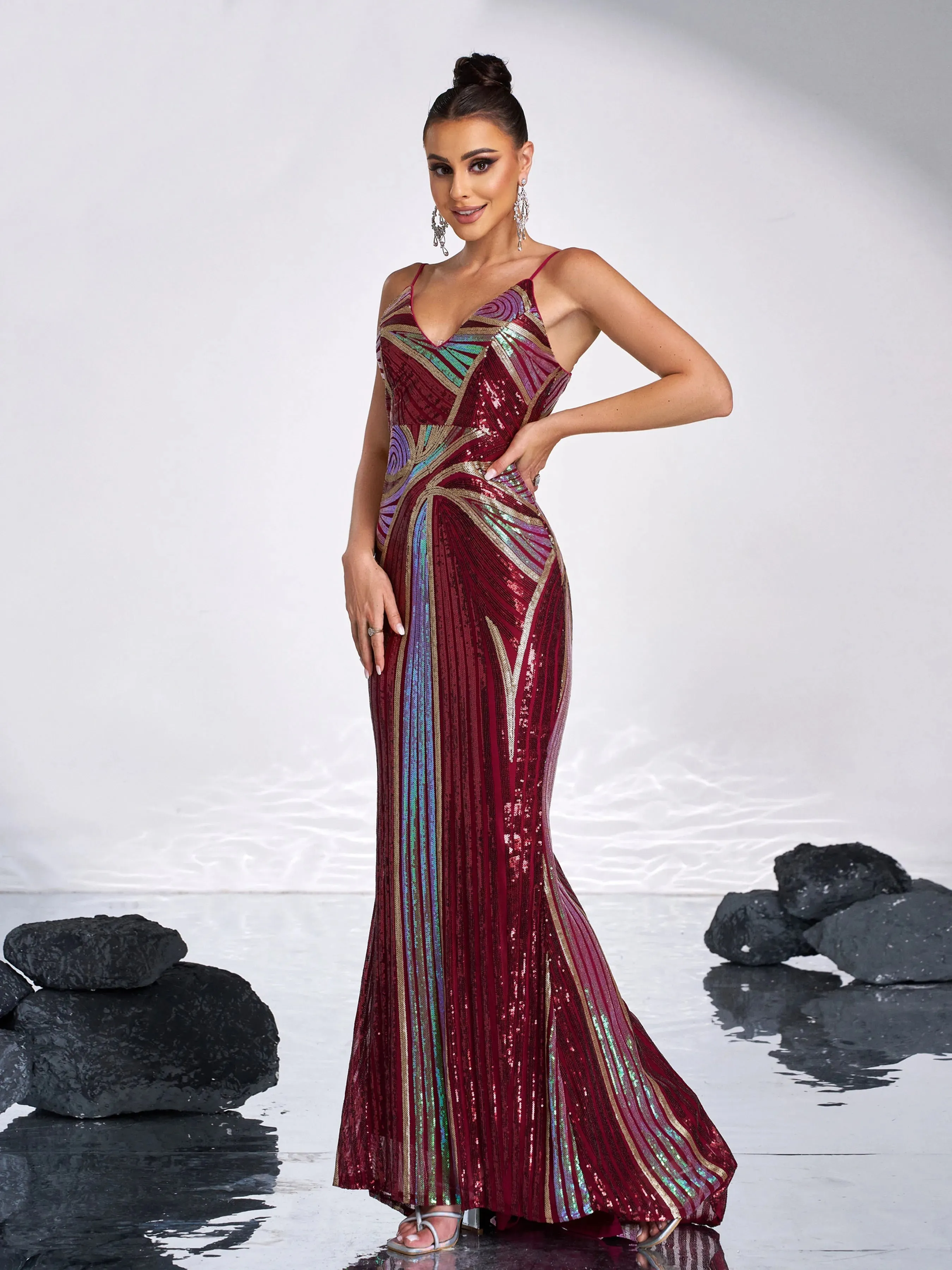 Spaghetti Strap V Neck Sequin Mermaid Gown Formal Maxi Dress