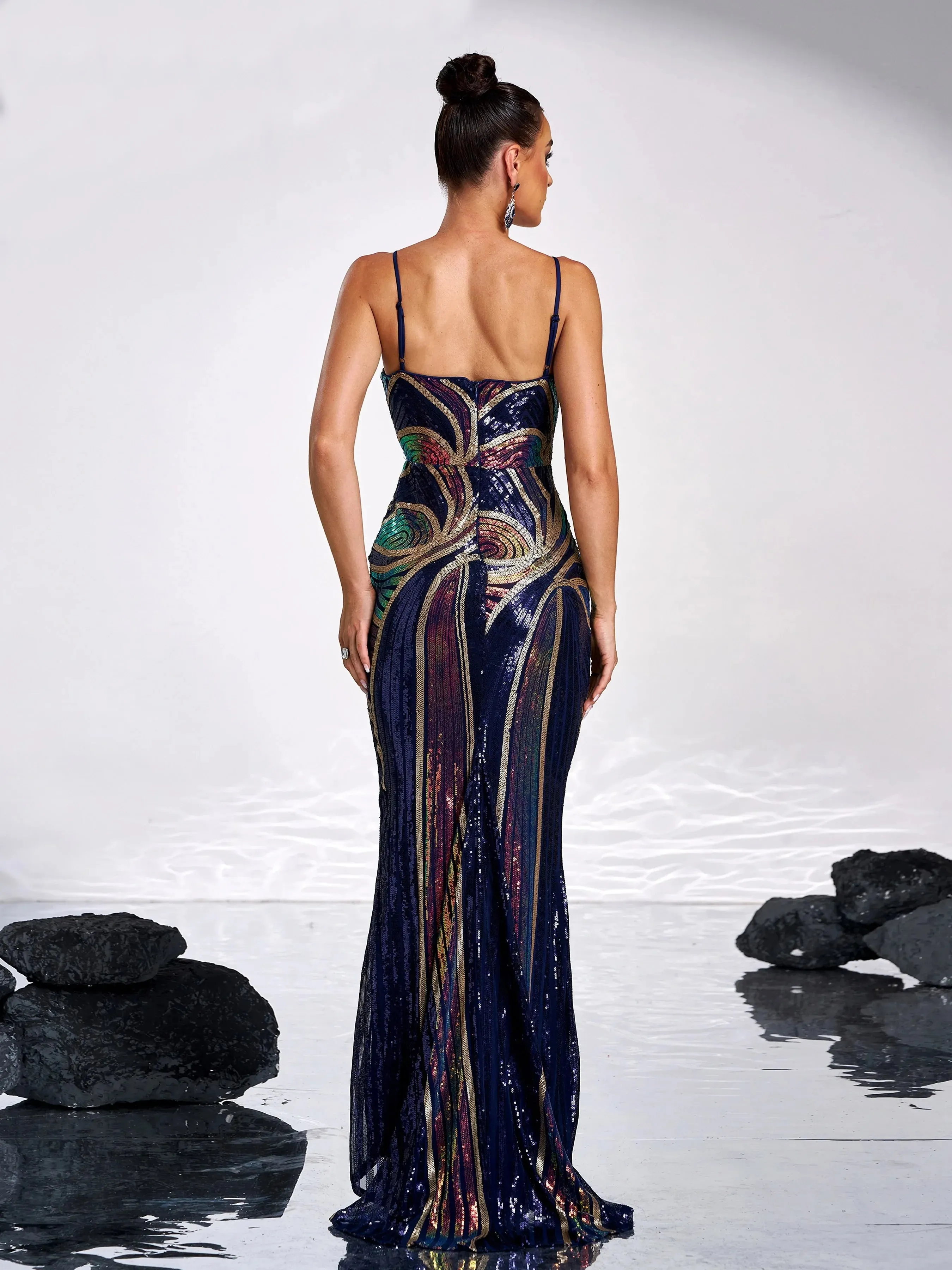 Spaghetti Strap V Neck Sequin Mermaid Gown Formal Maxi Dress