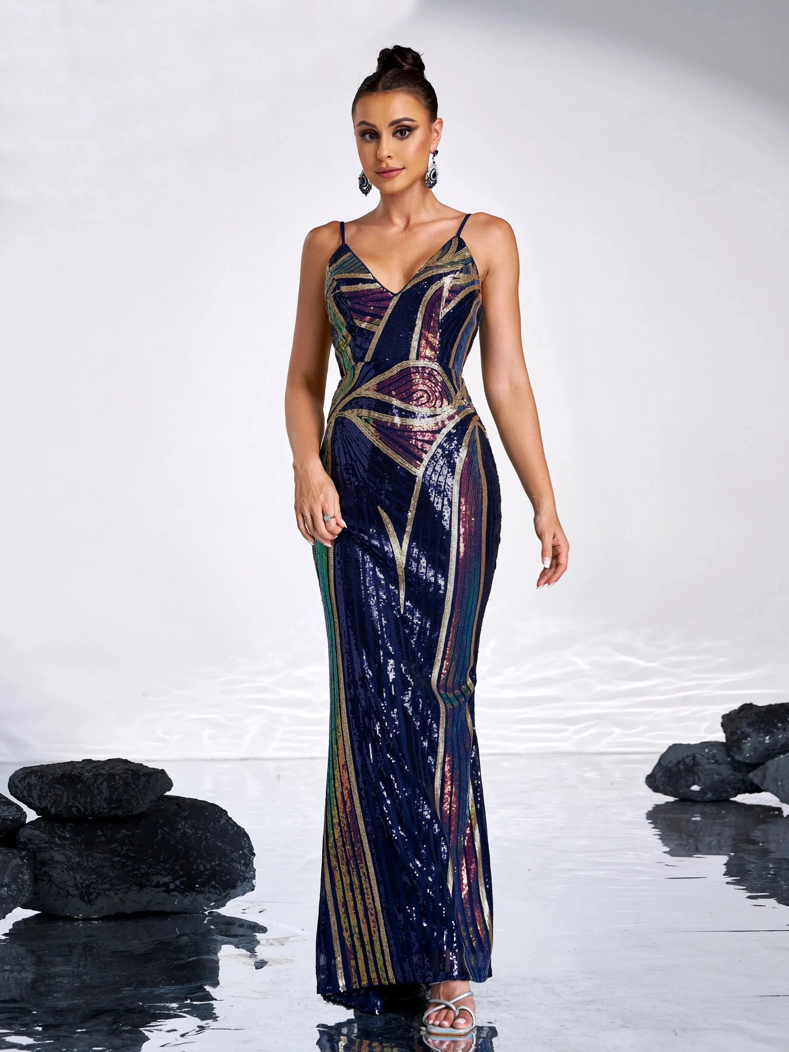 Spaghetti Strap V Neck Sequin Mermaid Gown Formal Maxi Dress