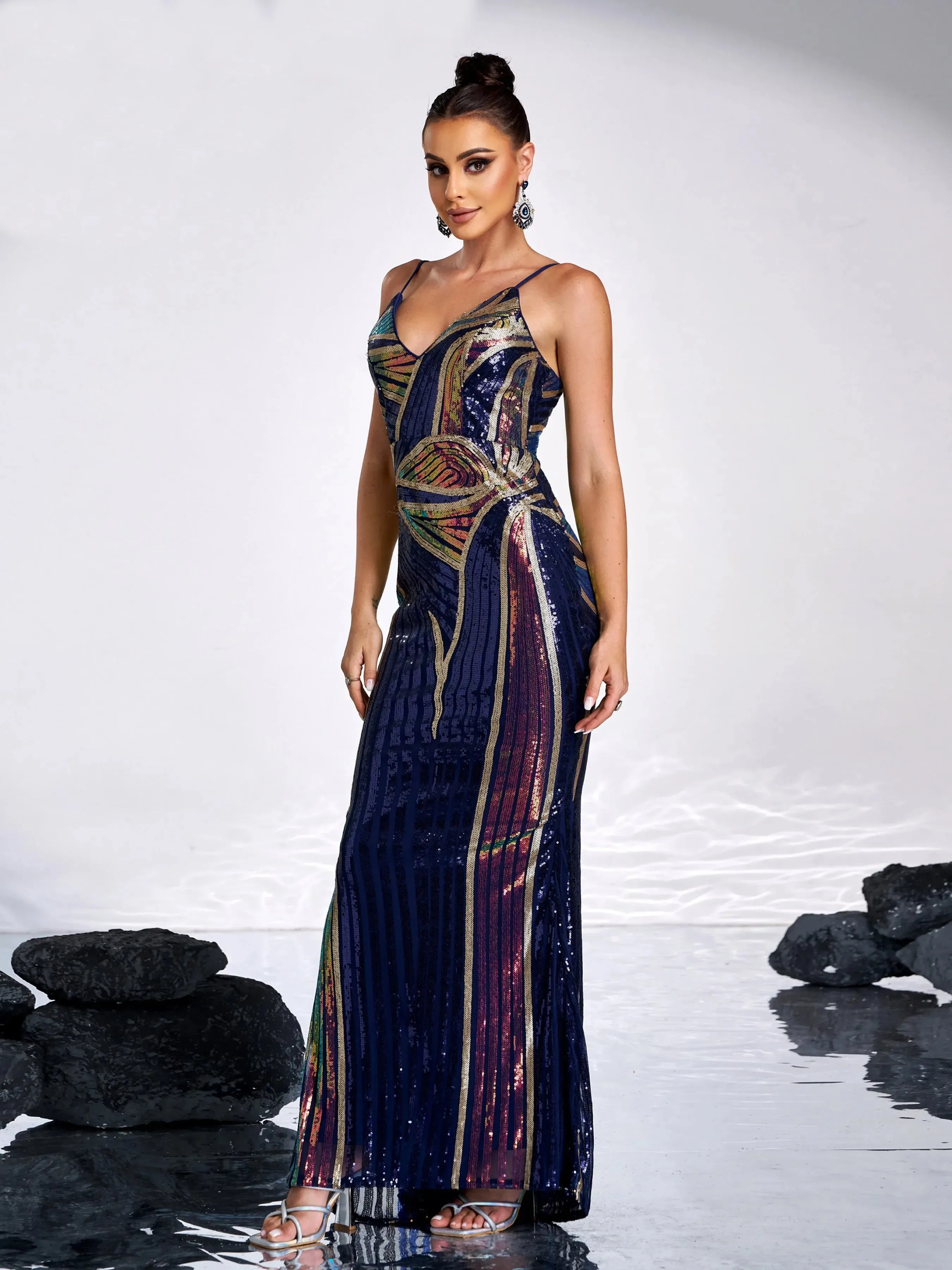 Spaghetti Strap V Neck Sequin Mermaid Gown Formal Maxi Dress