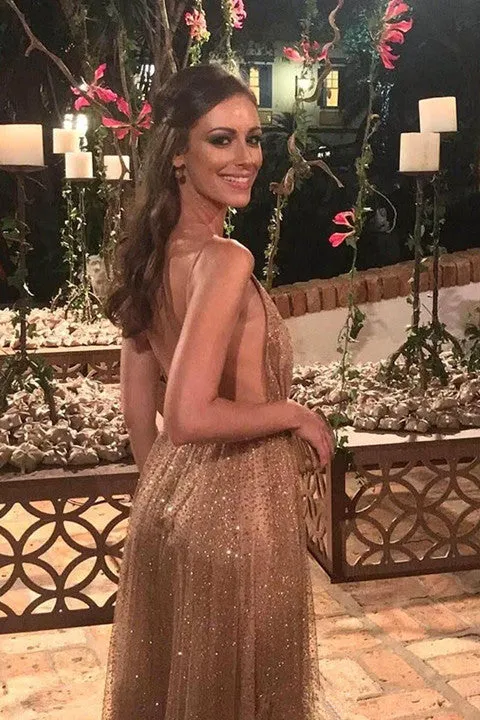 Sparkly Sequin Long Prom Dress Spaghetti V Neck Backless Evening Dress PFP1759