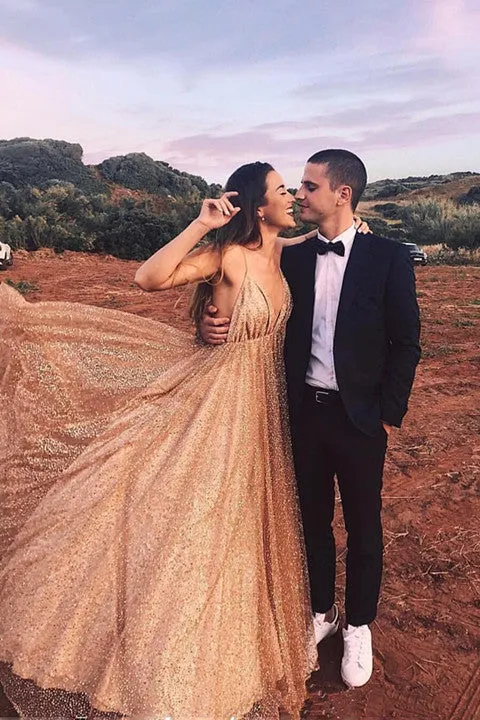 Sparkly Sequin Long Prom Dress Spaghetti V Neck Backless Evening Dress PFP1759