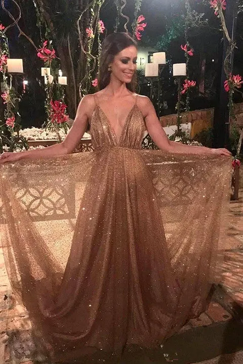 Sparkly Sequin Long Prom Dress Spaghetti V Neck Backless Evening Dress PFP1759