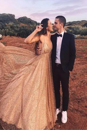 Sparkly Sequin Long Prom Dress Spaghetti V Neck Backless Evening Dress PFP1759