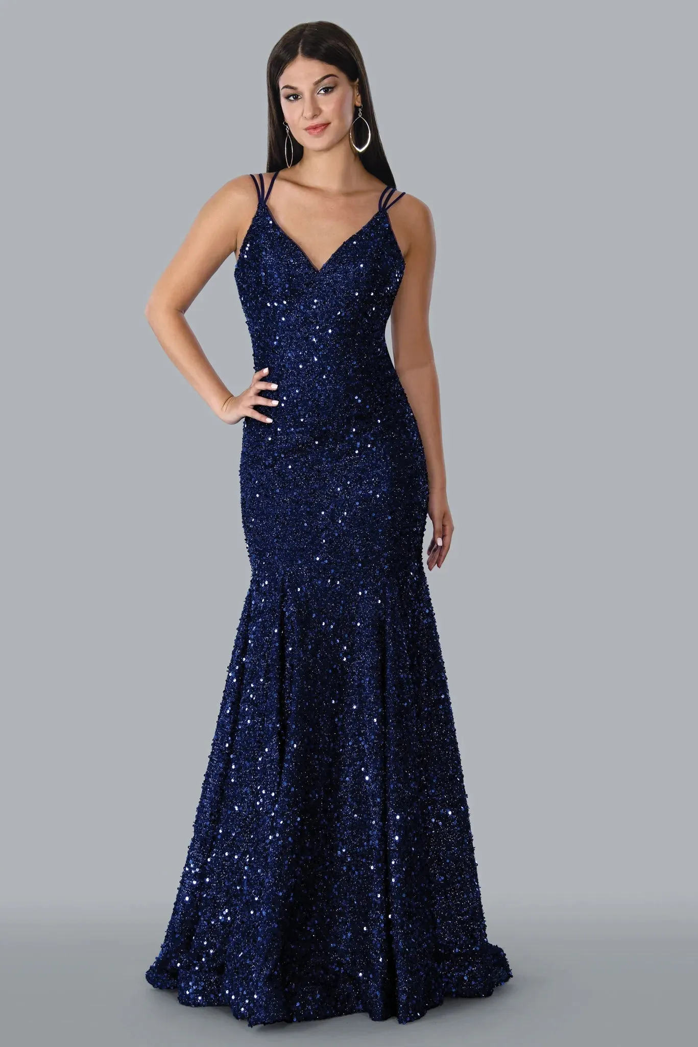 Stella Couture 23118 Size 16 Blue Long Sequin Fitted Mermaid Prom Dress V Neck Formal Gown
