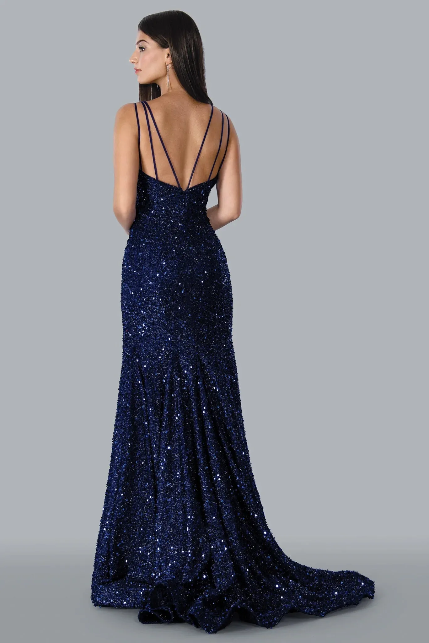 Stella Couture 23118 Size 16 Blue Long Sequin Fitted Mermaid Prom Dress V Neck Formal Gown