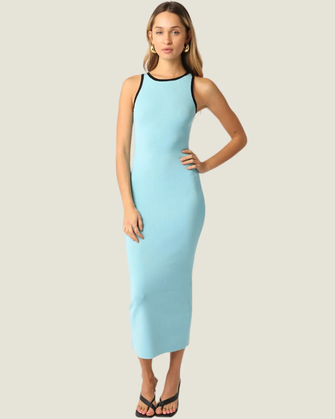 The Florida Frost: Baby Blue with Black Trim Midi Dress