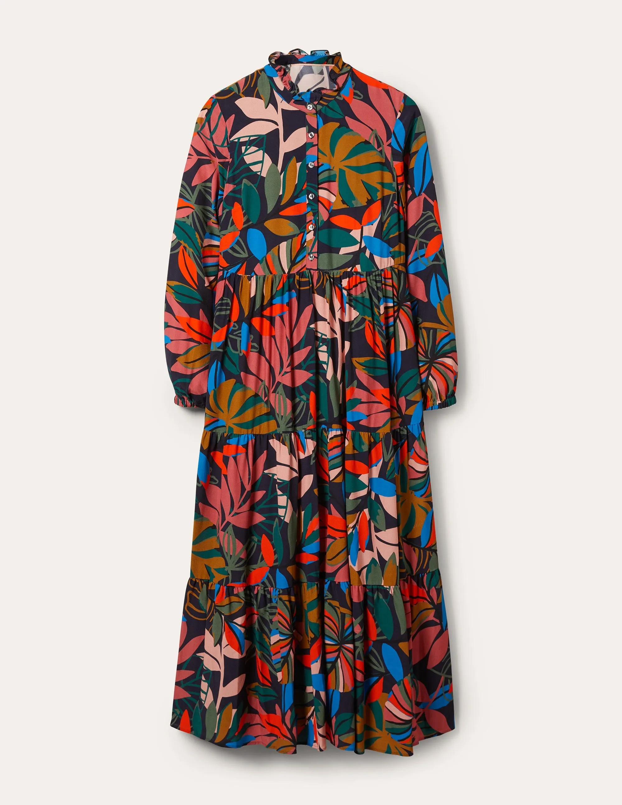 Tiered Maxi Shirt Dress-French Navy, Tropic Palm