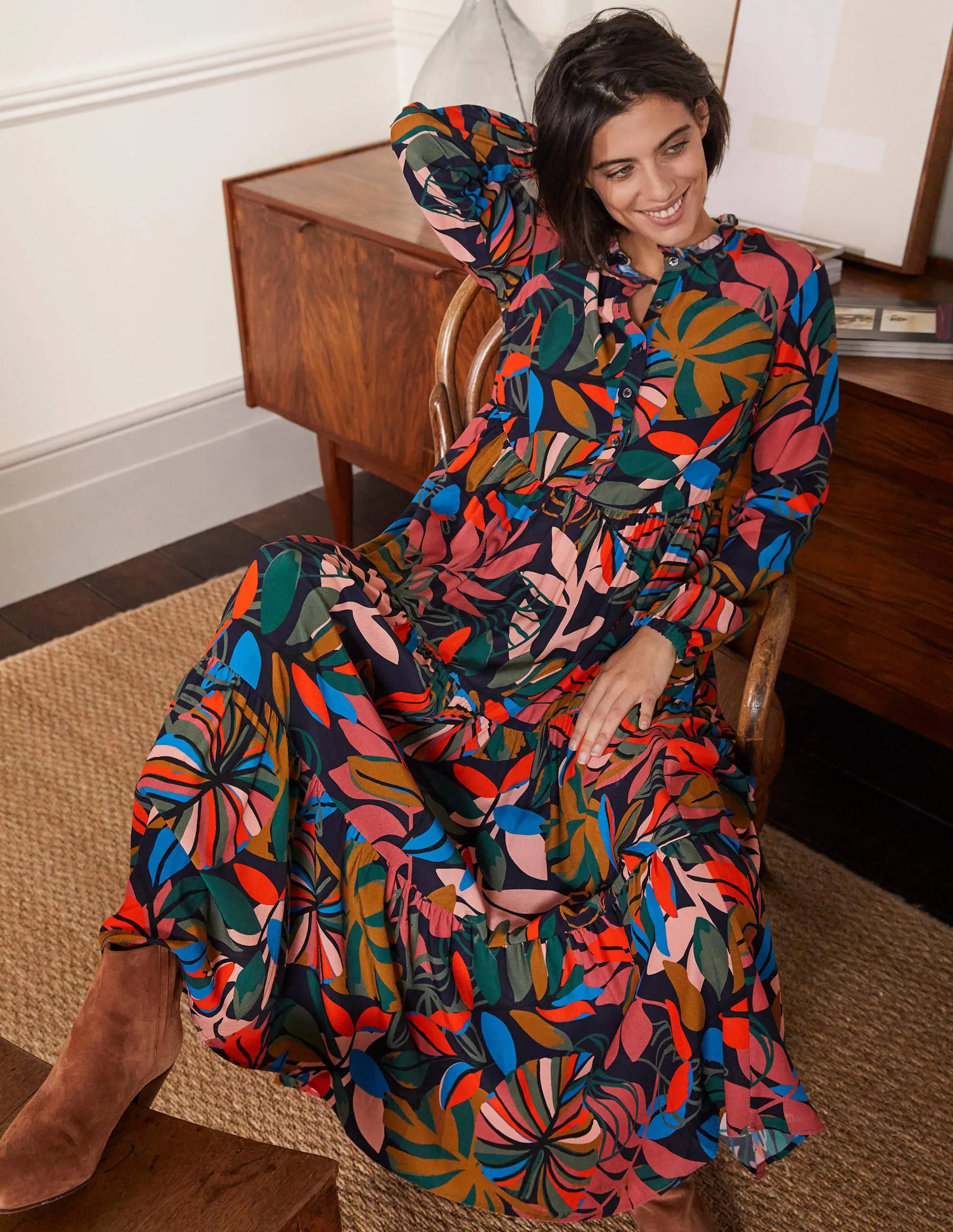 Tiered Maxi Shirt Dress-French Navy, Tropic Palm