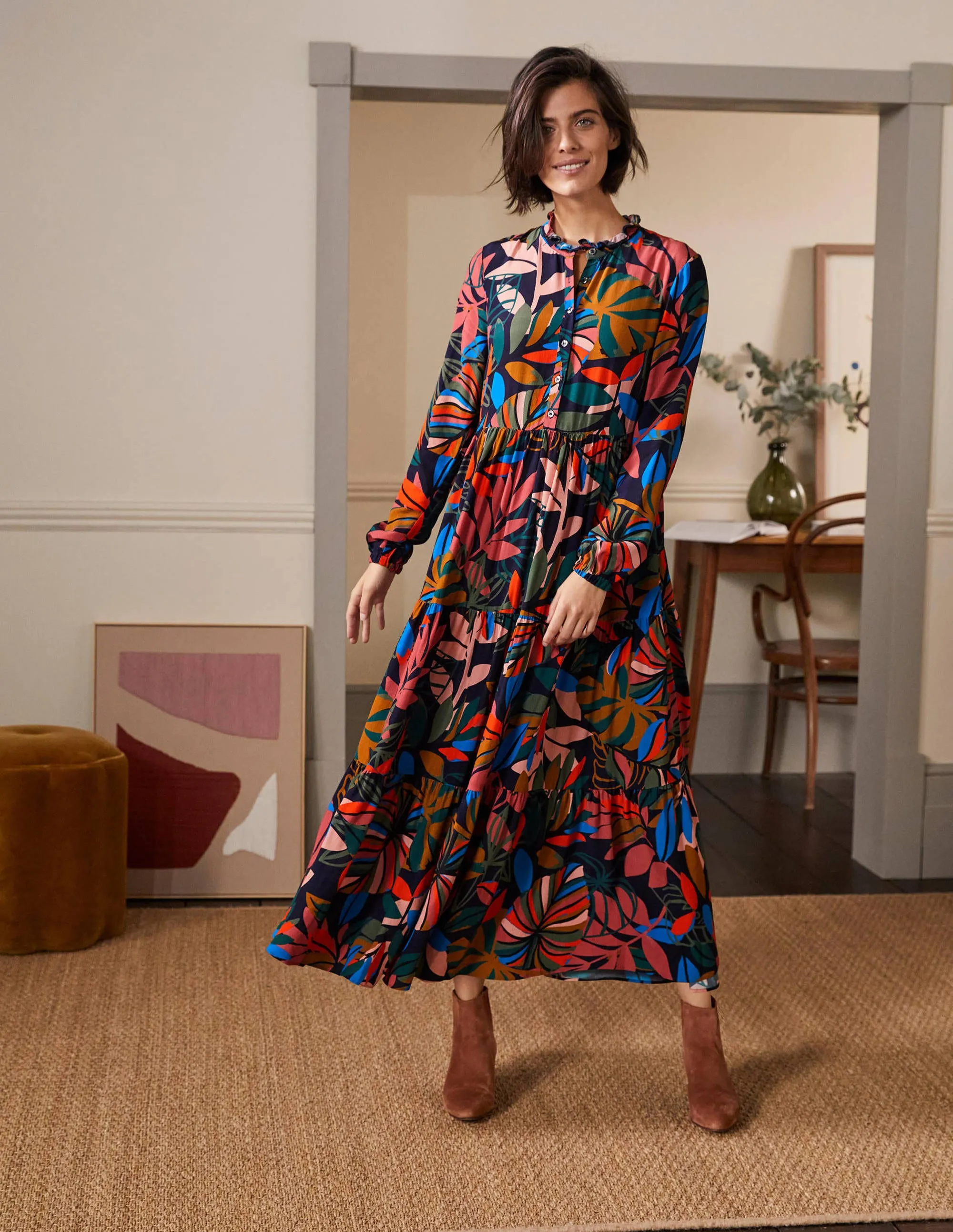 Tiered Maxi Shirt Dress-French Navy, Tropic Palm