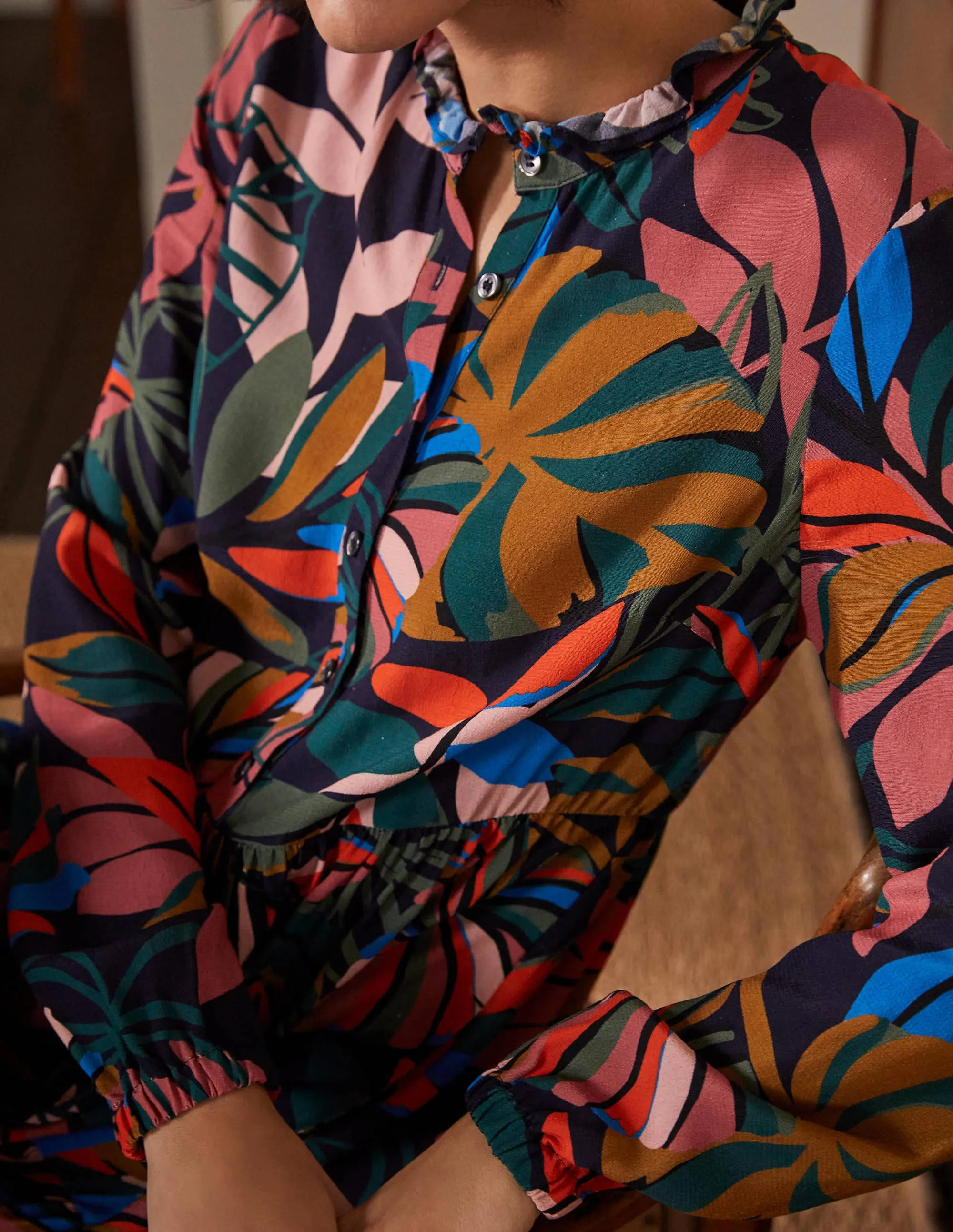 Tiered Maxi Shirt Dress-French Navy, Tropic Palm