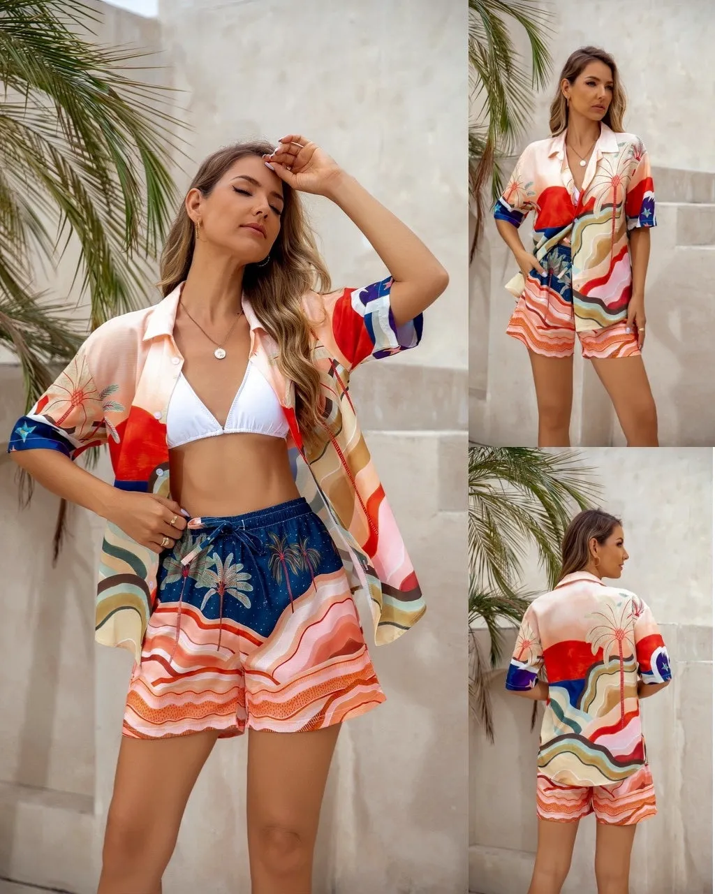 Tropical Print Button-up Shirt & Lined Shorts