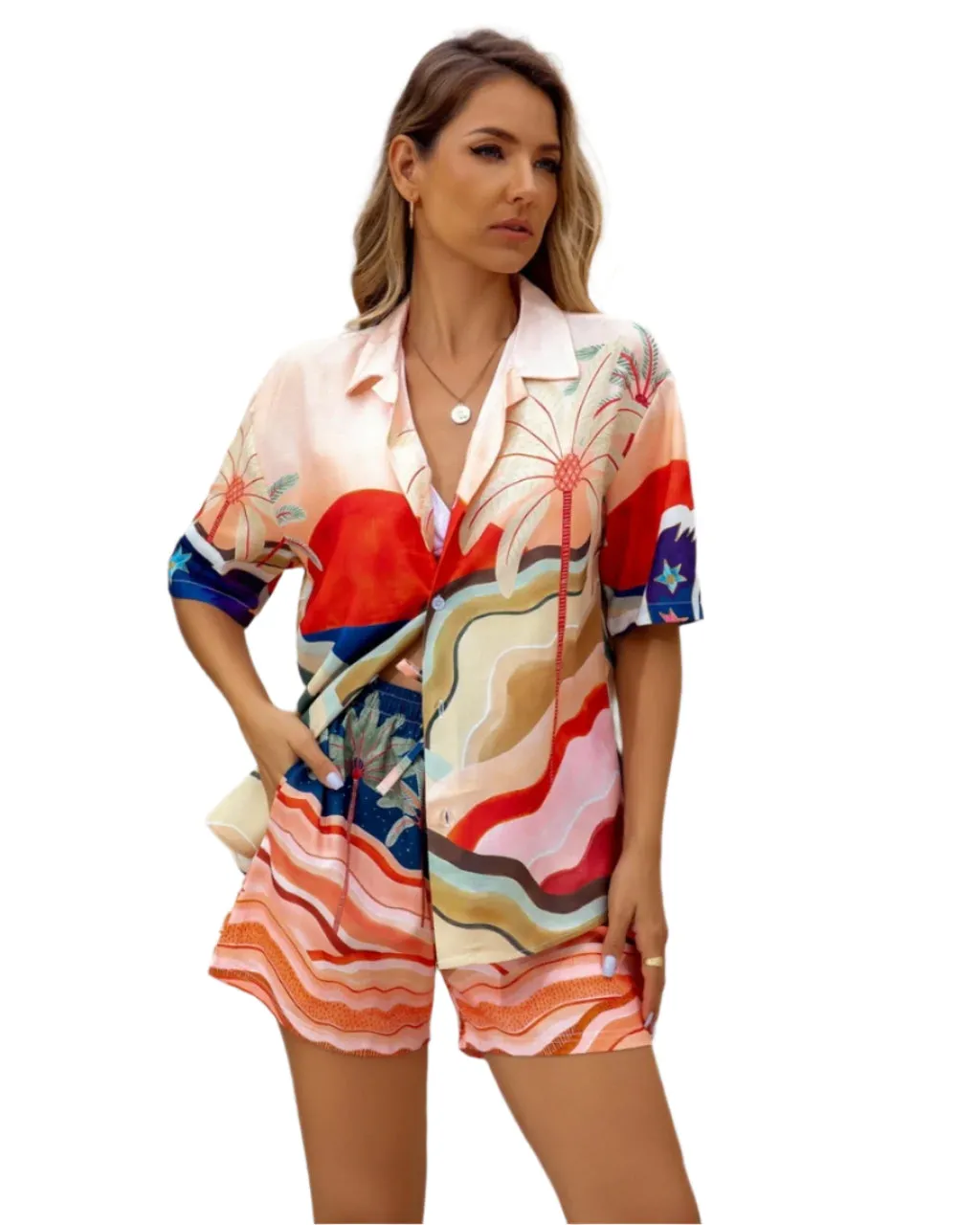 Tropical Print Button-up Shirt & Lined Shorts