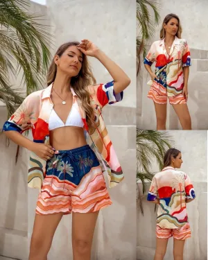Tropical Print Button-up Shirt & Lined Shorts
