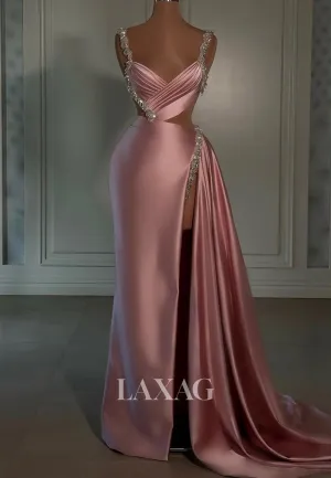 V-Neck Beaded Spaghetti Straps Sleeveless Meramid Prom Dress Pleated Satin Sweep Train Party Gowns