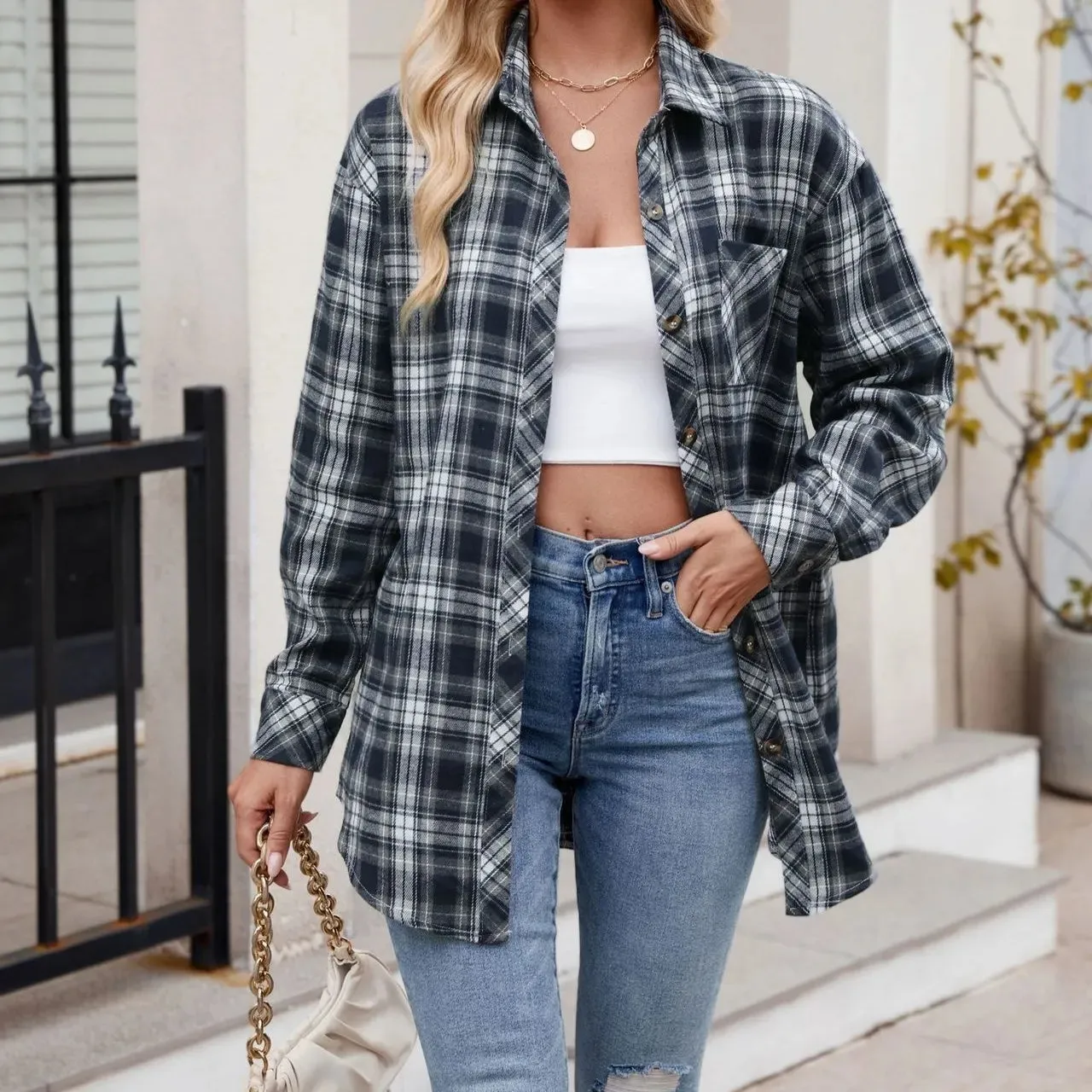 Women's Casual Fashion Hot Girl Loose Plaid Shirt