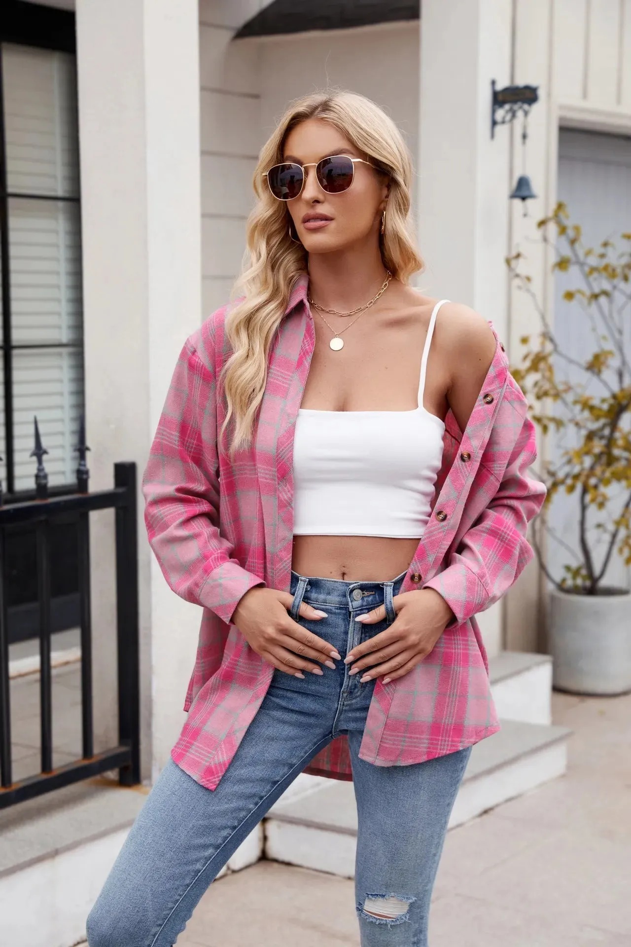 Women's Casual Fashion Hot Girl Loose Plaid Shirt