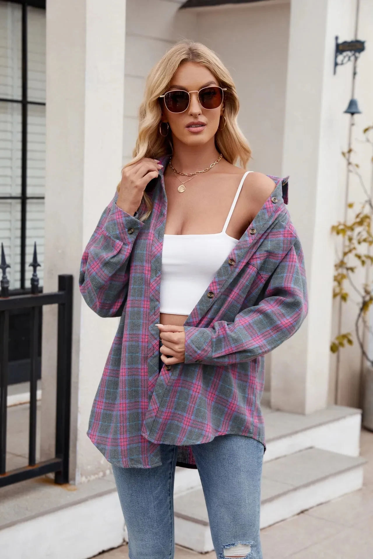 Women's Casual Fashion Hot Girl Loose Plaid Shirt